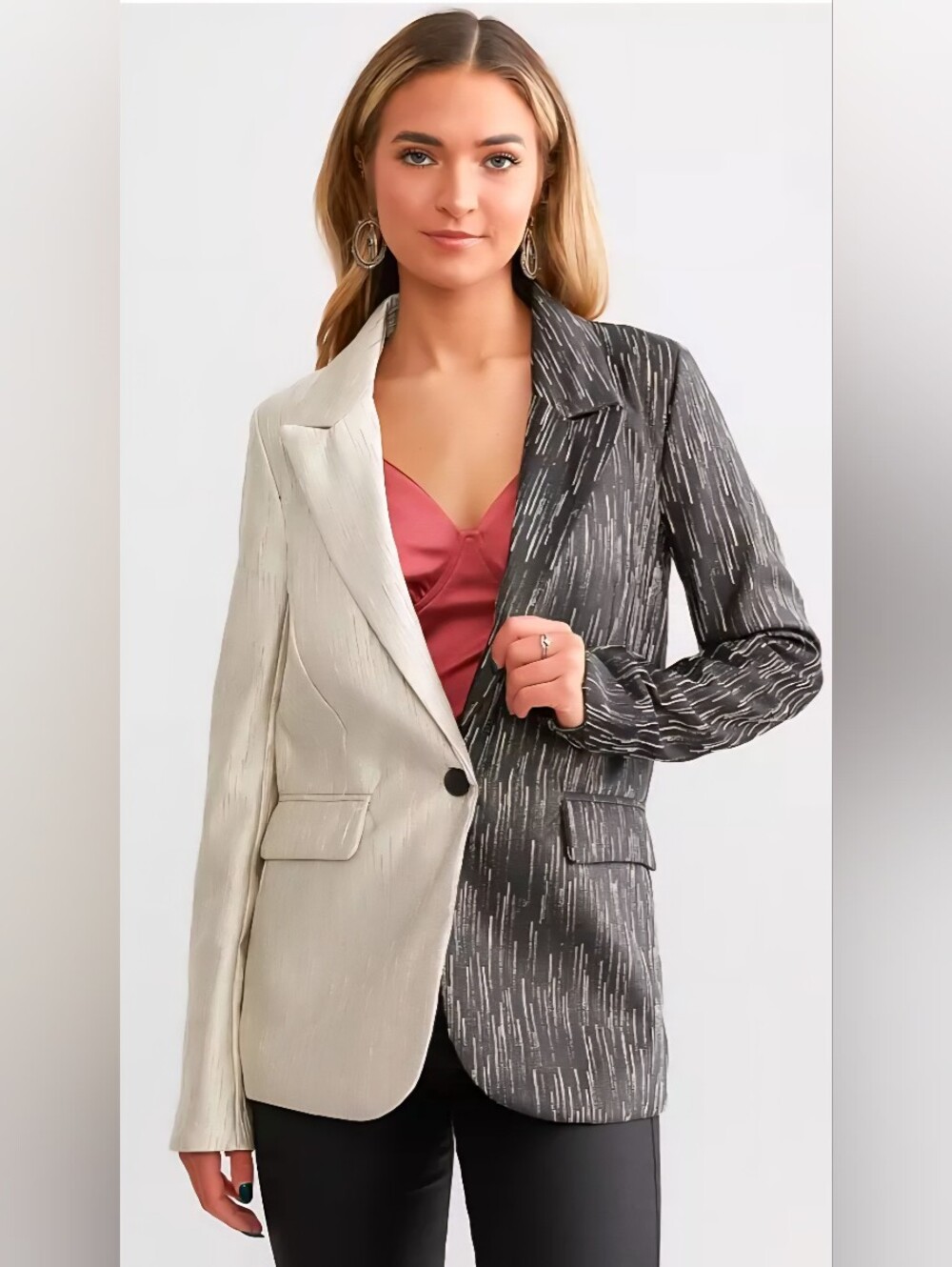 NWOT A. Peach Womens Size L Exclusive Metallic Black Cream Split Blazer
